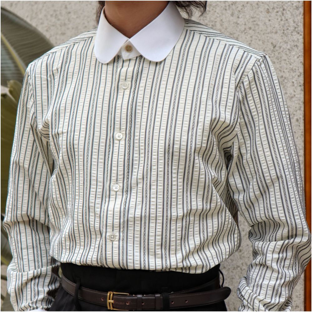 Wrinkle resistant non iron replaceable collar seersucker retro striped jacquard long sleeved shirt with French sleeves and club collar image 5