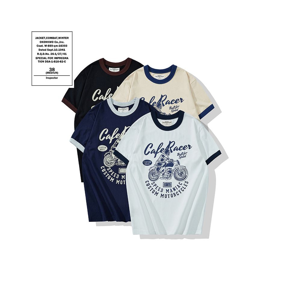 OKONKWO Motorcycle Print Color Block Americana Style T Shirt 200g Crew Neck Color Block Short Sleeve T Shirt image 0