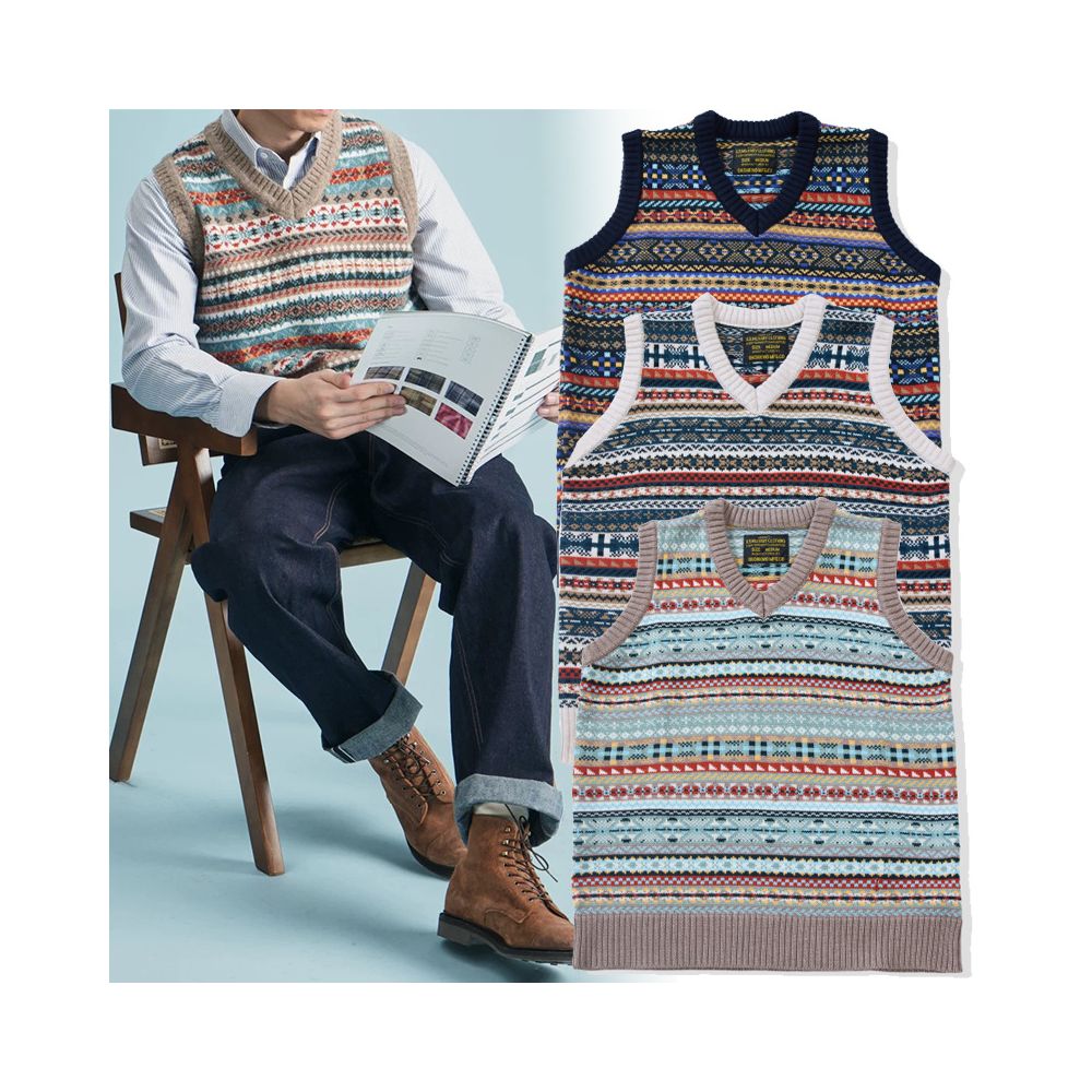 OKONKWO British Retro Fair Isle Pattern Base Vest Wool Blend V Neck Wool Vest image 0