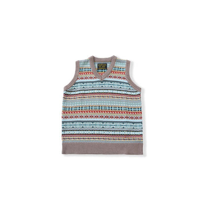 OKONKWO British Retro Fair Isle Pattern Base Vest Wool Blend V Neck Wool Vest