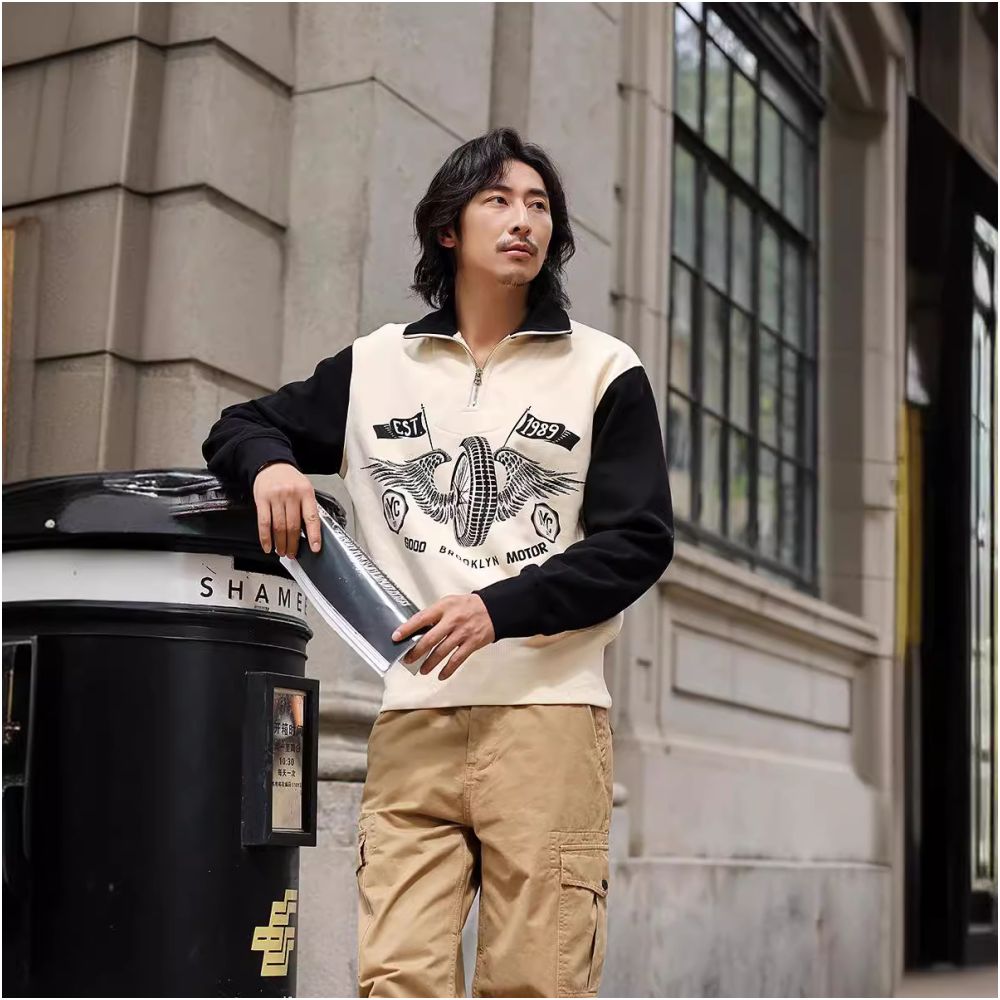 OKONKWO Heavyweight Half Zip Collar Motorcycle Riding Hoodie Color Block Sleeve Thickened Half Chest Zipper High Neck Hoodie image 0