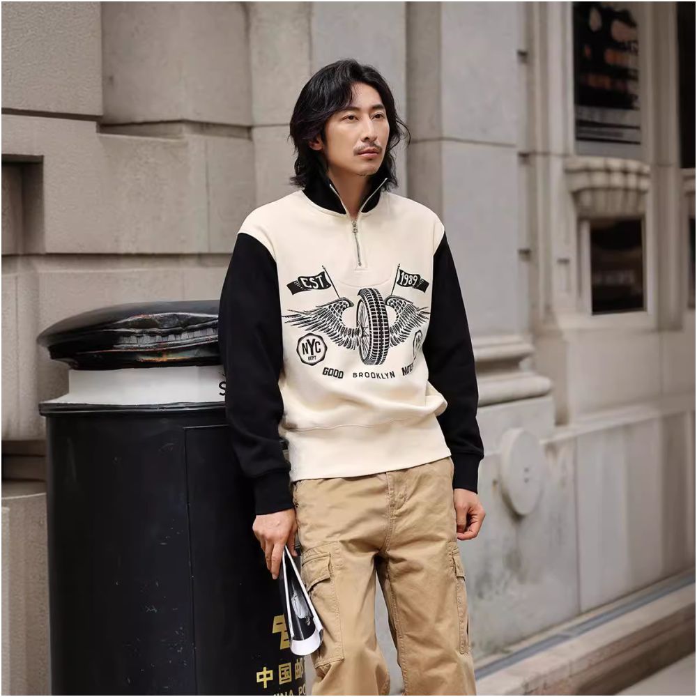 OKONKWO Heavyweight Half Zip Collar Motorcycle Riding Hoodie Color Block Sleeve Thickened Half Chest Zipper High Neck Hoodie image 1