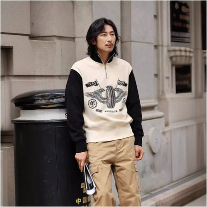 OKONKWO Heavyweight Half Zip Collar Motorcycle Riding Hoodie Color Block Sleeve Thickened Half Chest Zipper High Neck Hoodie image 1