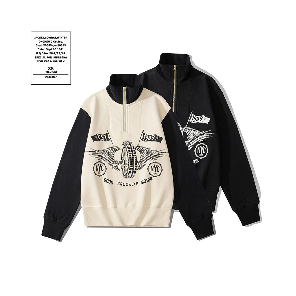 OKONKWO Heavyweight Half Zip Collar Motorcycle Riding Hoodie Color Block Sleeve Thickened Half Chest Zipper High Neck Hoodie image 4