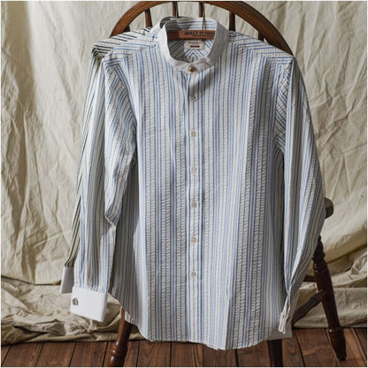 Wrinkle resistant non iron replaceable collar seersucker retro striped jacquard long sleeved shirt with French sleeves and club collar image 2