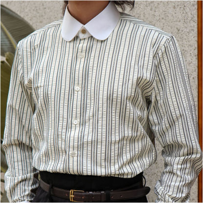 Wrinkle resistant non iron replaceable collar seersucker retro striped jacquard long sleeved shirt with French sleeves and club collar image 5
