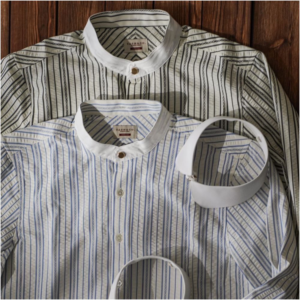 Wrinkle resistant non iron replaceable collar seersucker retro striped jacquard long sleeved shirt with French sleeves and club collar image 0