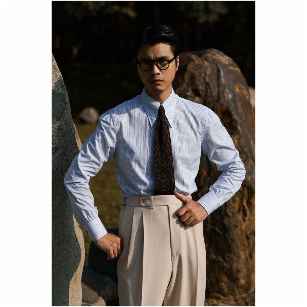 UGENTLE Men s Shirt Pure Cotton Sicilian Stripes Italian Retro Style Godfather Collar Long Sleeve image 15