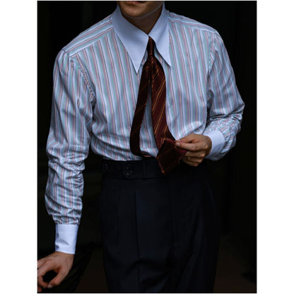 UG Men s Handmade Three Step Series Godfather Color blocked Collar Capri Stripe Long Pointed Collar Long Sleeve Gentleman s Shirt image 2