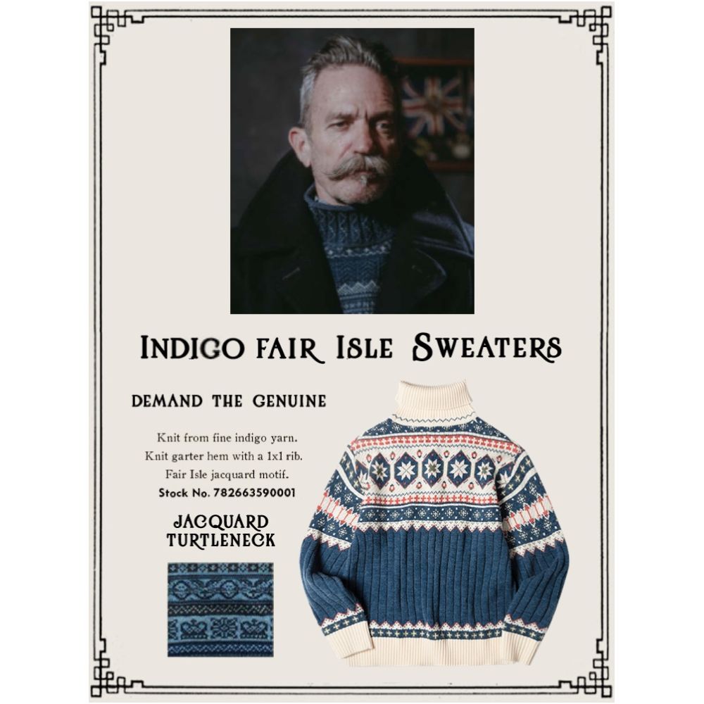 Duke of Windsor Fel Island Shetland patterned high neck sweater American retro thick blue and white jacquard knit sweater image 0