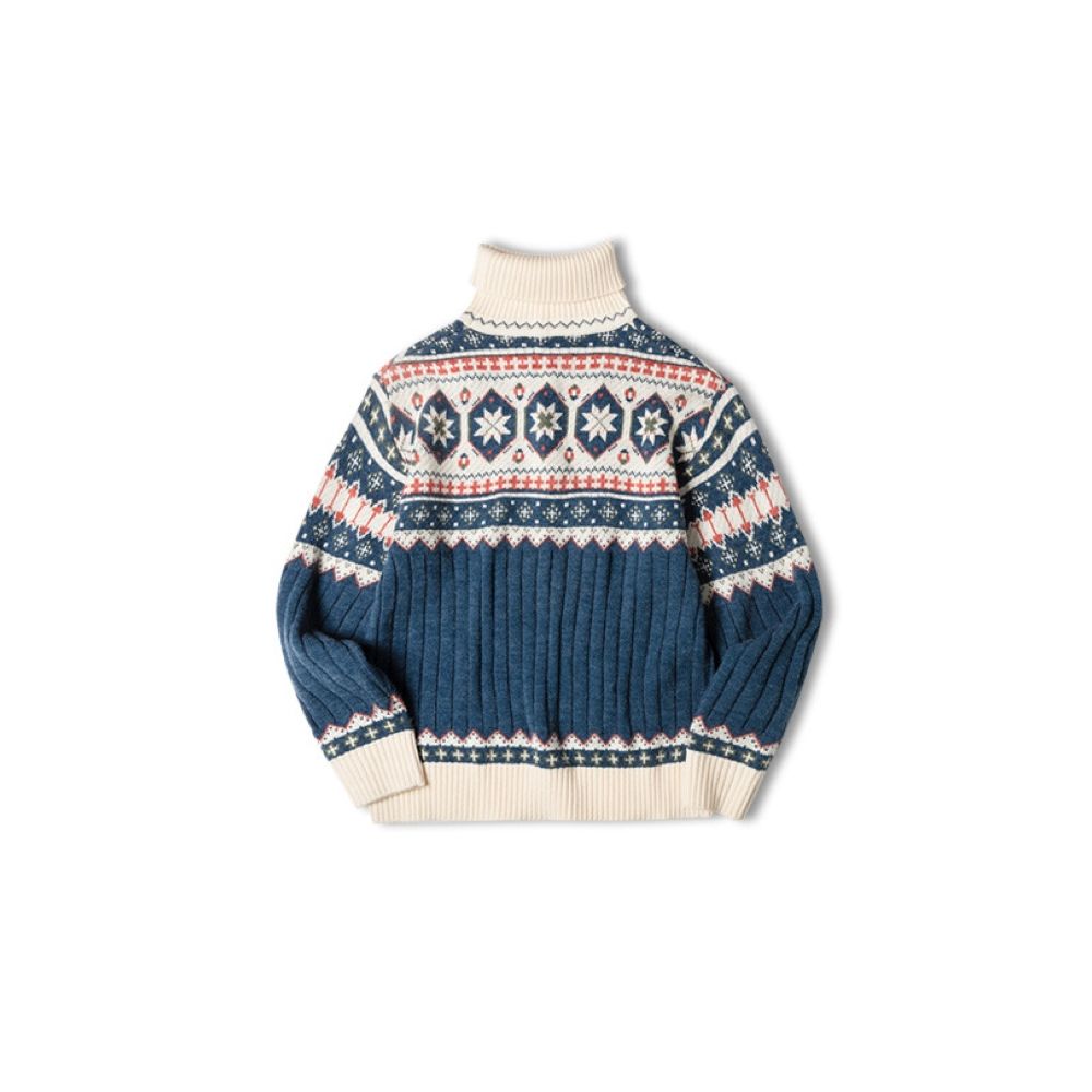 Duke of Windsor Fel Island Shetland patterned high neck sweater American retro thick blue and white jacquard knit sweater
