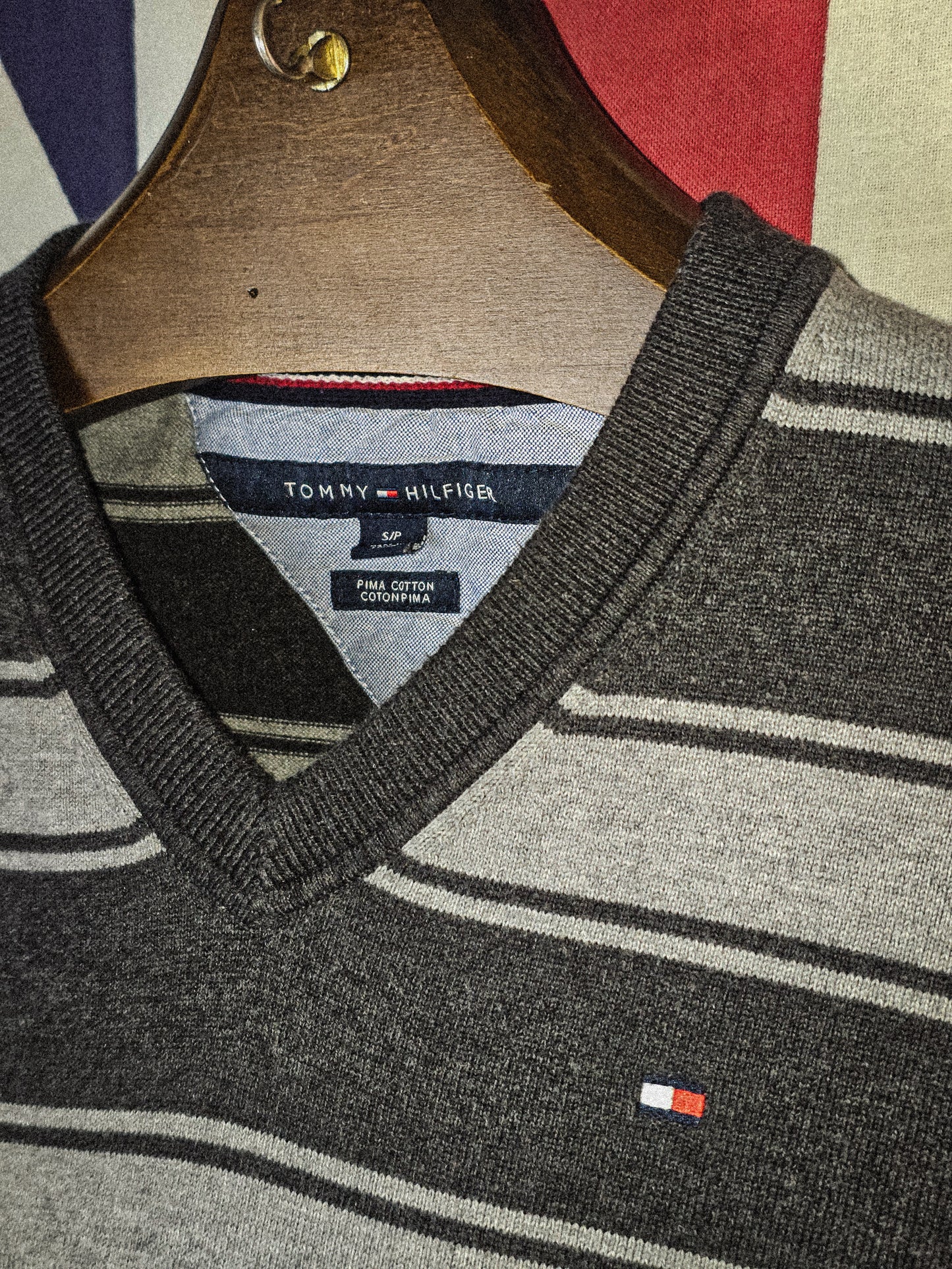 Men's Tommy Hilfiger Stripe Preppy Sweater Jumper Grey Small S