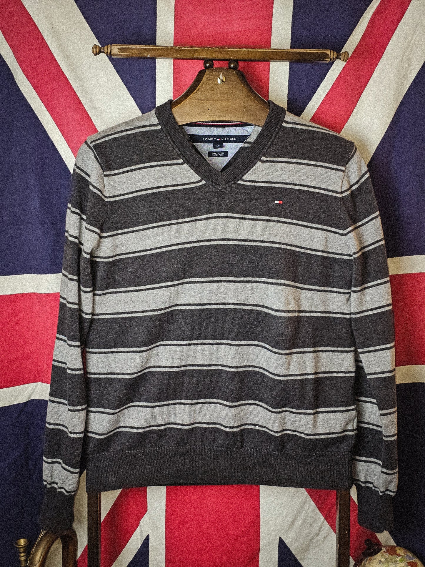 Men's Tommy Hilfiger Stripe Preppy Sweater Jumper Grey Small S
