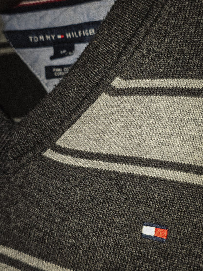 Men's Tommy Hilfiger Stripe Preppy Sweater Jumper Grey Small S