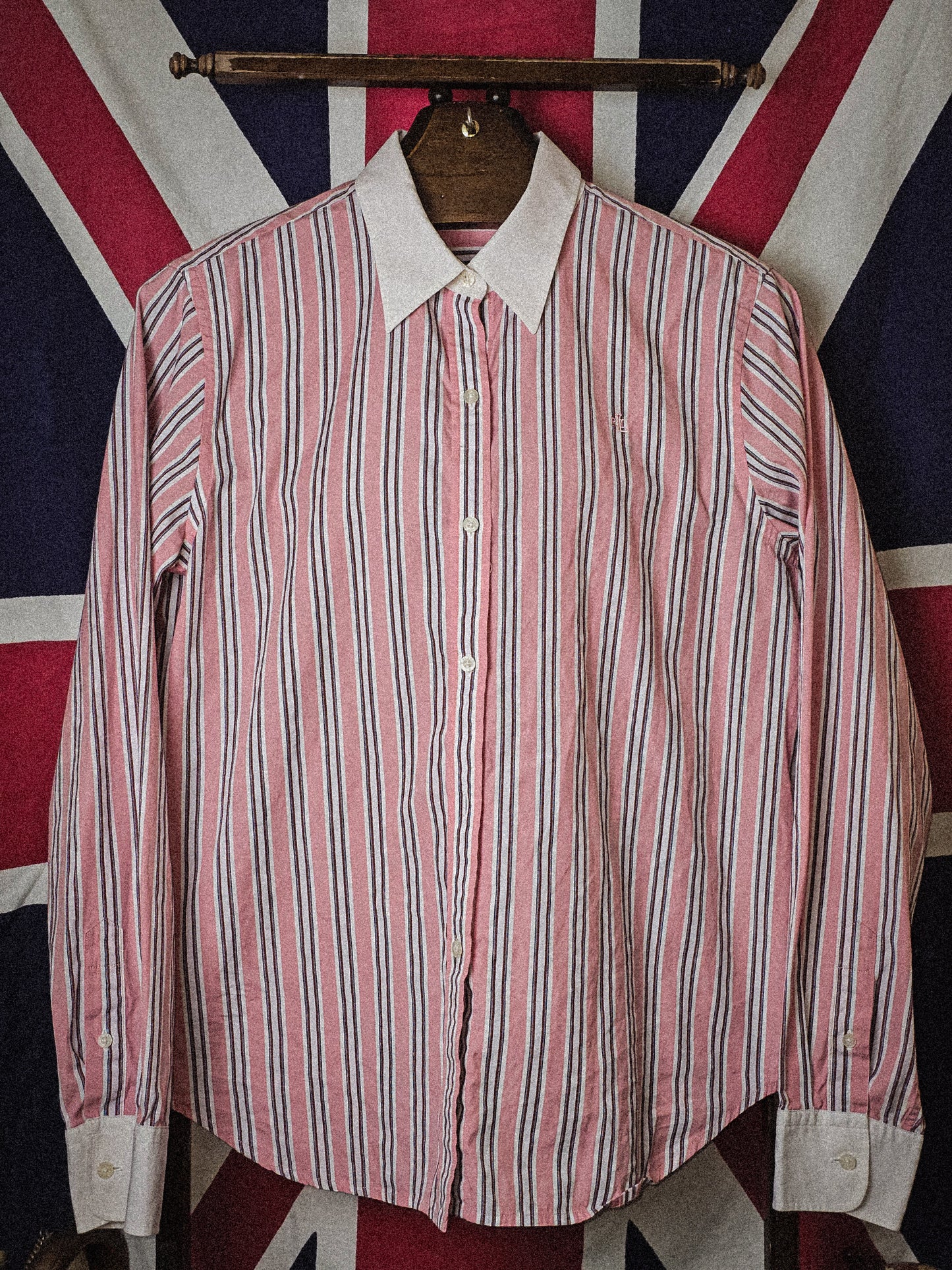Lauren Ralph Lauren Button Up Shirt Women's Pink Stripe Preppy Contrast Collar