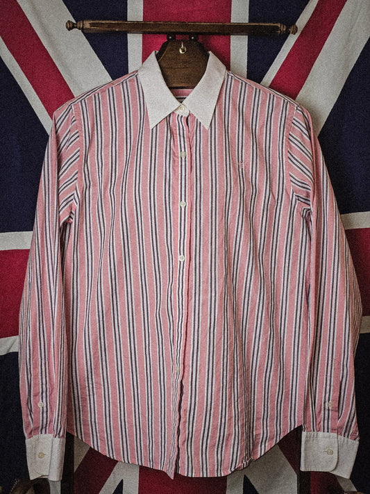 Lauren Ralph Lauren Button Up Shirt Women's Pink Stripe Preppy Contrast Collar